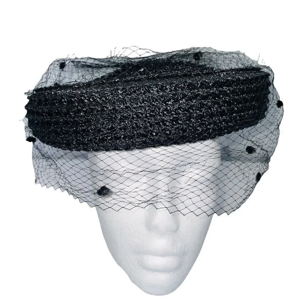 Vintage Womens Hat Black Pillbox Church Netting Bow Wedding Costume Theatre
